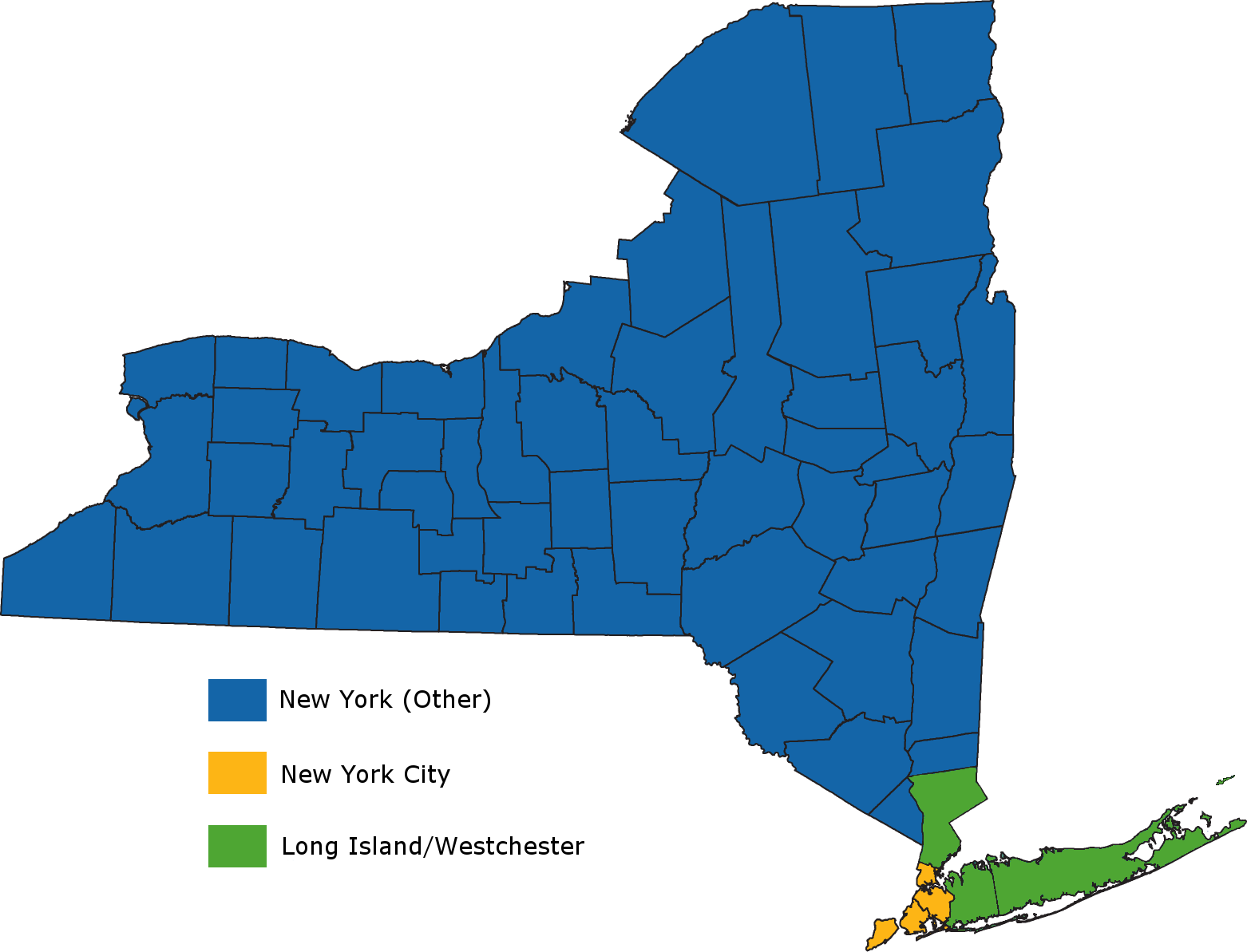 A map showing New York City, Long Island/Westchester, and the rest of New York State